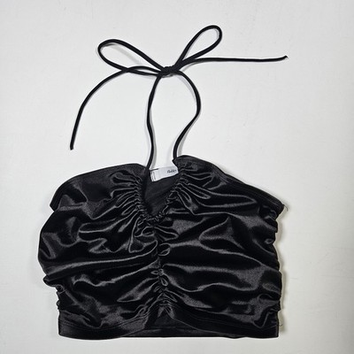 Adika Halter Top Womens S Black Ruched Satin Crop Festival Y2K Edgy Whimsigoth