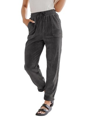 Womens Corduroy Pants, Drawstring Elastic High Waist Straight Leg Trousers