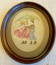 Vtg Wool Cross Stitch Petit Point Oval Metal Frame Victorian Boy Girl Picture