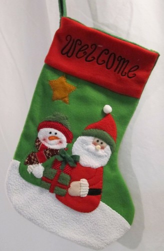 NWOT Green Felt Christmas Holiday Stocking with Santa Claus and Snowman