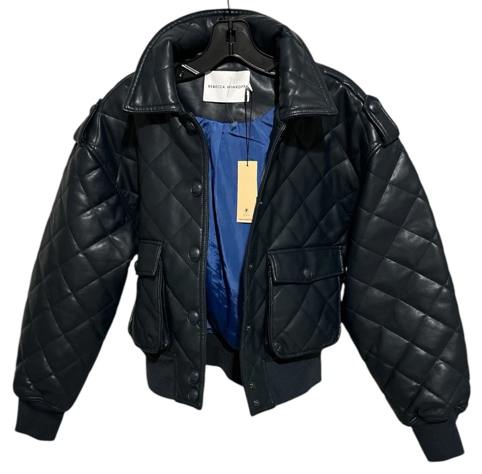 NUEVO CON ETIQUETAS Chaqueta Bomber Rebecca Minkoff Para Mujer Acolchada Diamante Aislada Azul Marino S $248