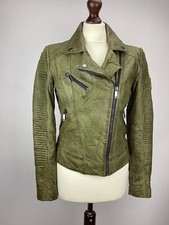 Joe Browns 100% Leather Biker Jacket Green Size 8/distressed Look Jb Logo (ref 1