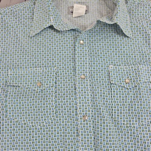 Camicia Wrangler Uomo L Blu Geometrica Perla Scatto Wrancher Western Work Manica Lunga - Foto 2 di 12