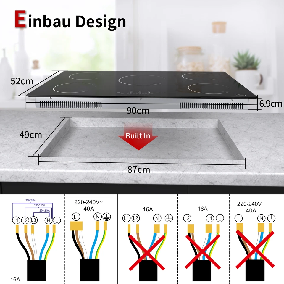90cm Piano Cottura a Induzione 5 Fuochi da incasso Touch Blocco Sicurezza Bambin - Imagen 2 de 4
