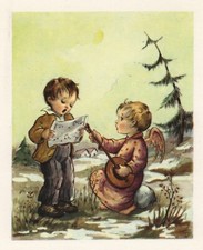 Cartolina Buon Natale - Angioletto con mandolino e bambino che canta - '50 '60