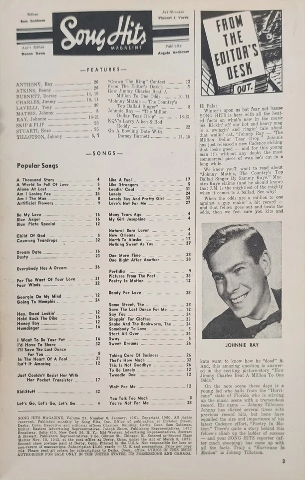 Song Hits Magazine Johnny Tillotson Jimmy Charles Johnny Mathis January 1961 d7 - Image 2 of 4