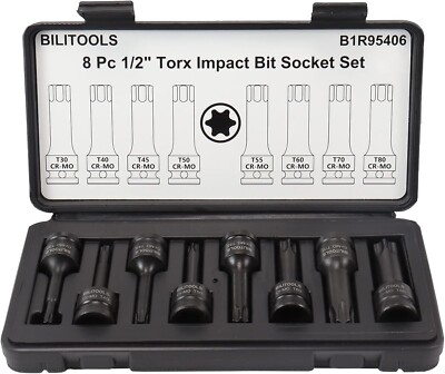 BILITOOLS 8-Piece Impact Torx Bit Socket Set 1/2 Inch Drive, T30-T80, Cr-Mo Stee