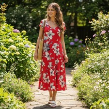Chaps NEW Midi Floral Dress Womens Large Flag Lake Red White Blue NWT