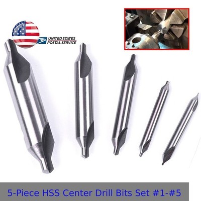 5-Piece HSS Center Drill Bits Set #1-#5, 60° Angle for Lathe & Metalworking