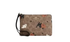 Coach Corner Zip Wristlet In Signature Canvas Halloween pumpkin CW466 NWT