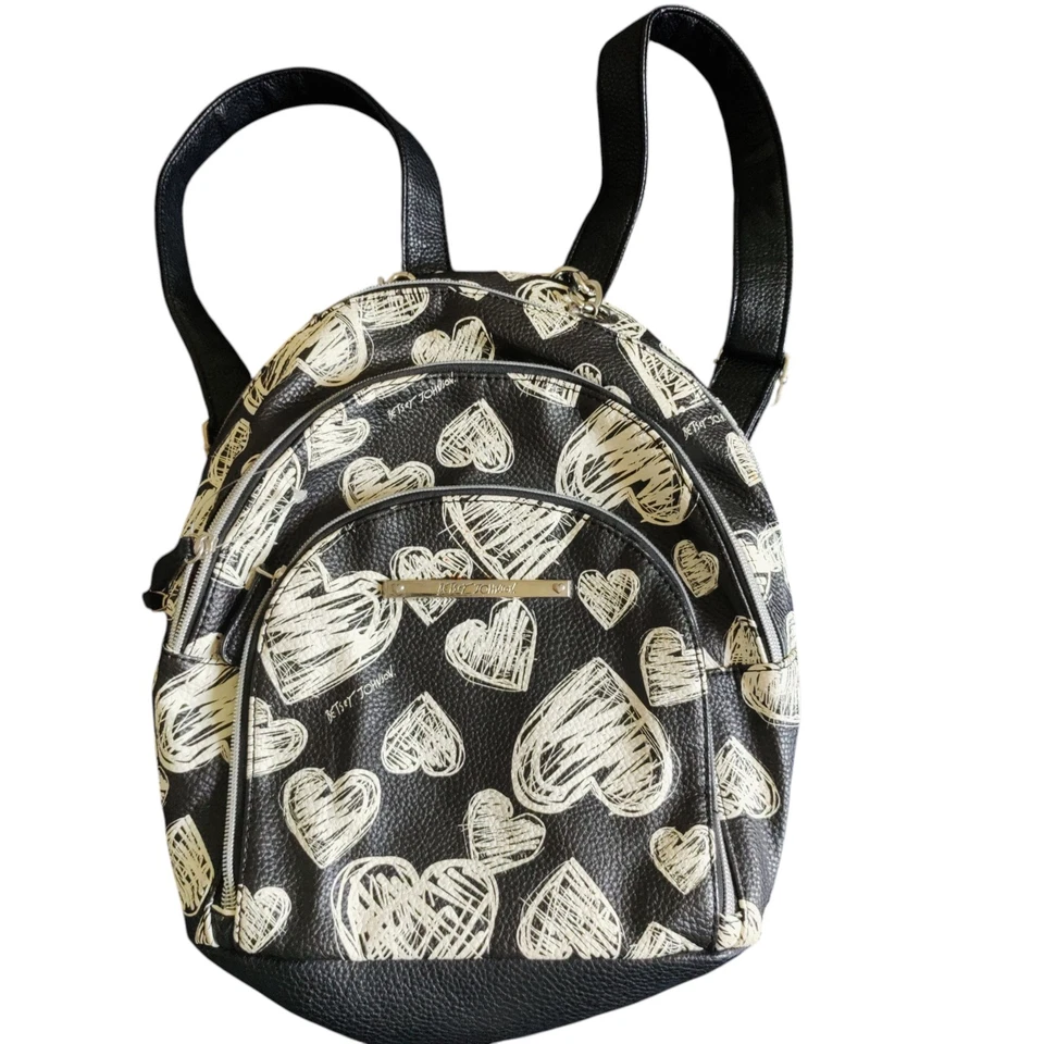 Luv Betsey Mini Backpack Faux Leather Black White Heart Betsey Johnson Chain  - Image 2 of 4