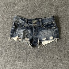Refuge Denim Shorts Womens Size 2 Dark Wash Distressed Low Rise Raw Hem Cutoff