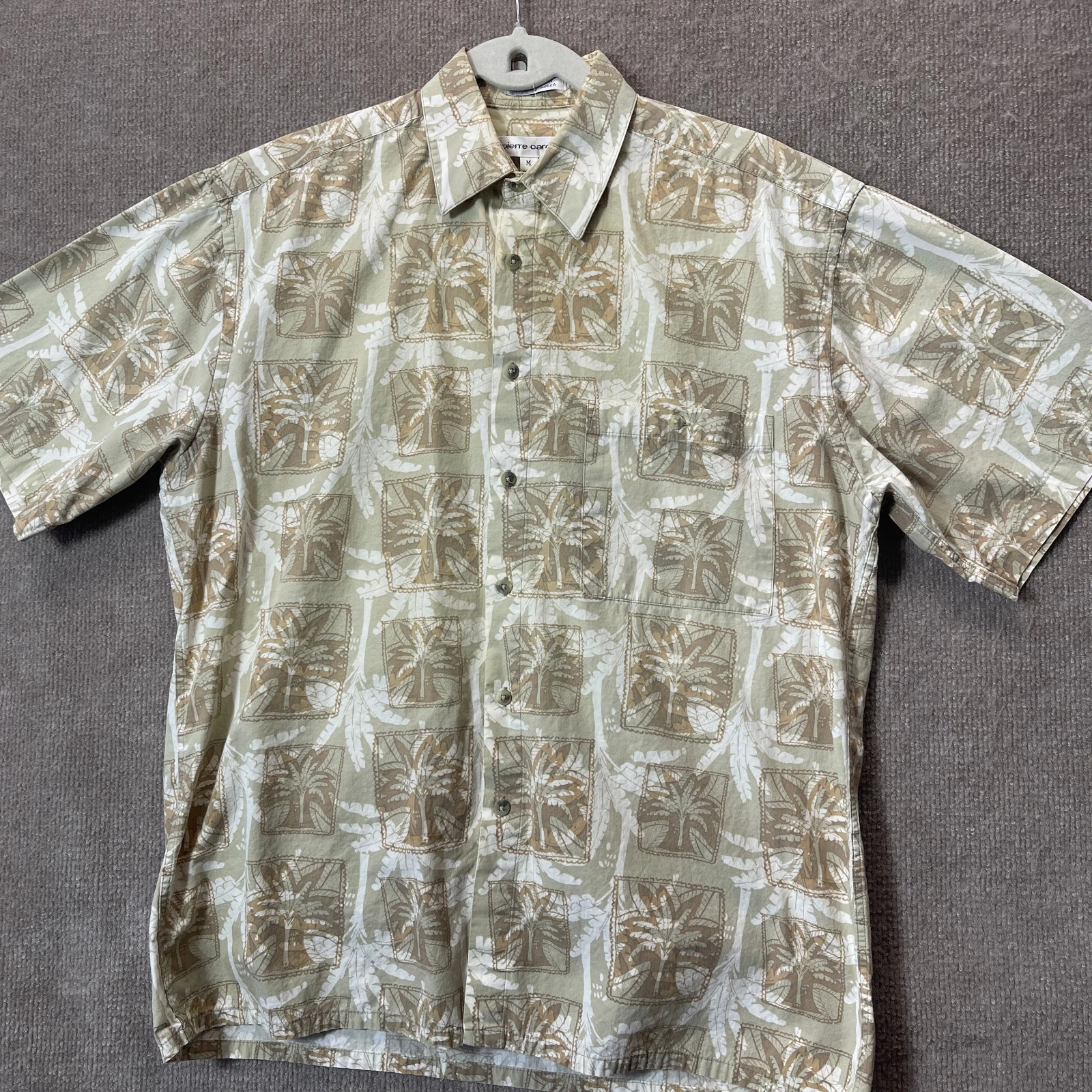 Pierre Cardin Shirt Mens Medium Beige Palm Tree Hawaiian Short Sleeve Tropical