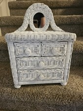 De Colección Boho Cottage Chic Hecho a Mano Mimbre Blanco Encimera Cajonera Espejo