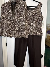Kasper Silk  3 Pc Lined Suit Size 16 Petite Jacket Tank Front Pants Wide Leg