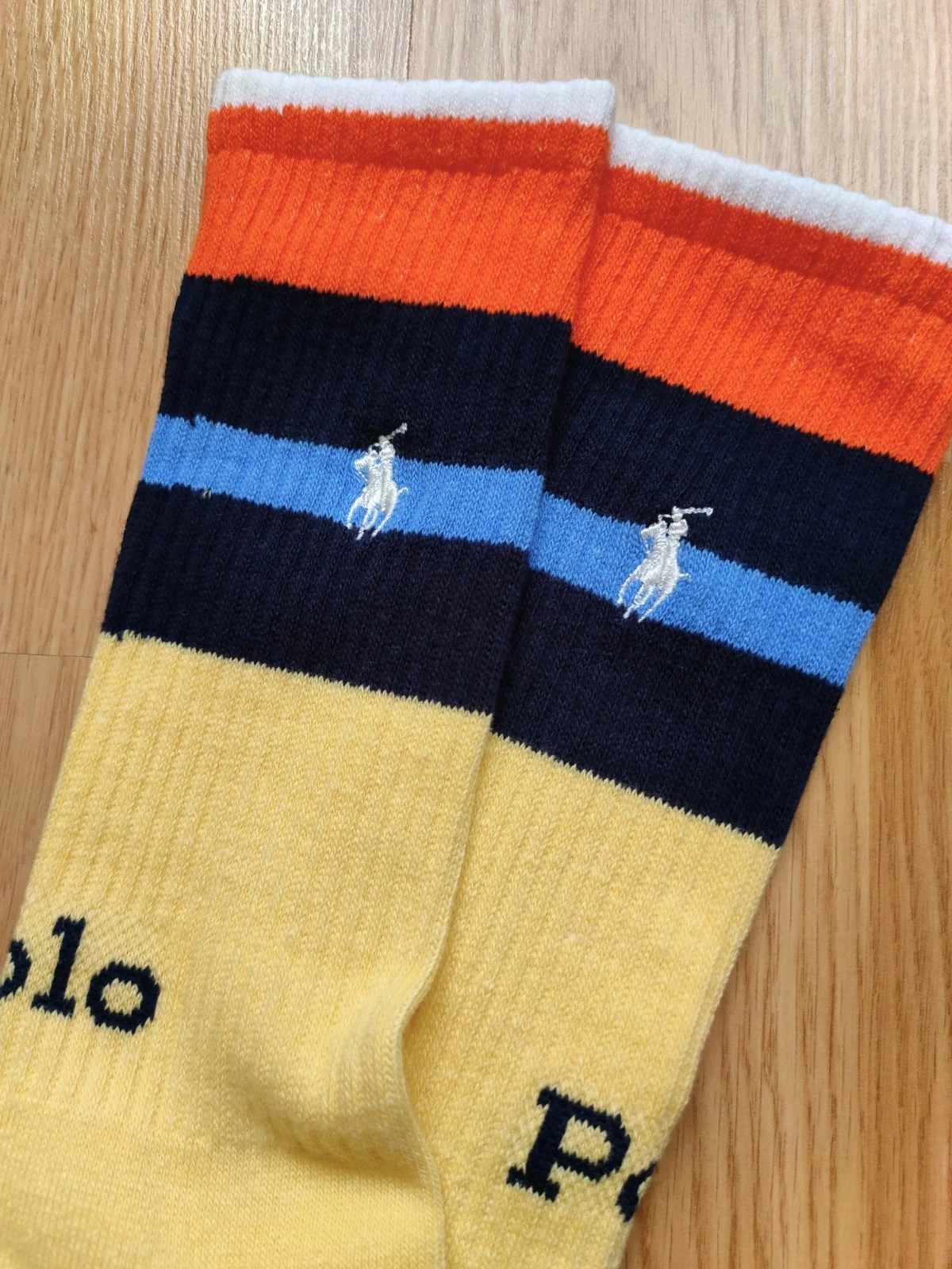 Polo Ralph Lauren Striped High Socks Pony Logo Yellow Orange Navy Size 44-46