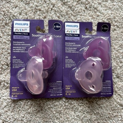 PHILIPS AVENT CURVED & HEART SHAPED SOOTHIE PACIFIER 3-18M 2 PACKS = 4 PACIFIERS