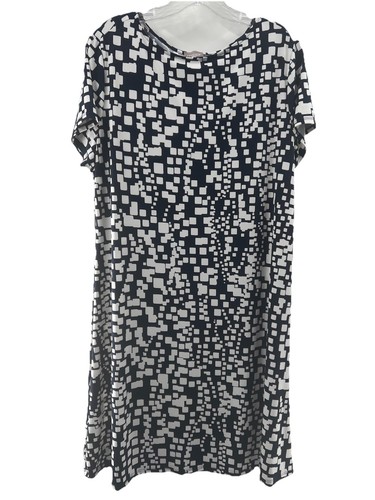 Vestido recto Chico’s para mujer manga corta azul marino y blanco estampado geométrico 12/14 (2)