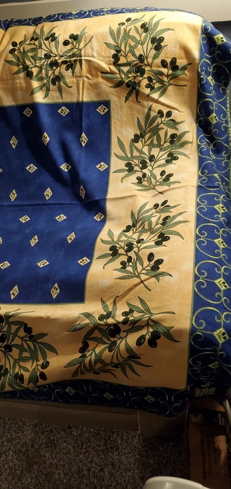 Italy Cotton Tuscany Olive Branches Blue Yellow Tablecloth 85" X 53" NEW -Flaw - Image 2 of 4
