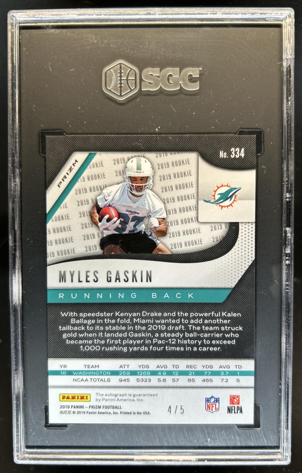 2019 Panini Prizm Myles Gaskin Rookie Auto RC Gold Vinyl #/5 Dolphins SGC 9.5/10 view 2