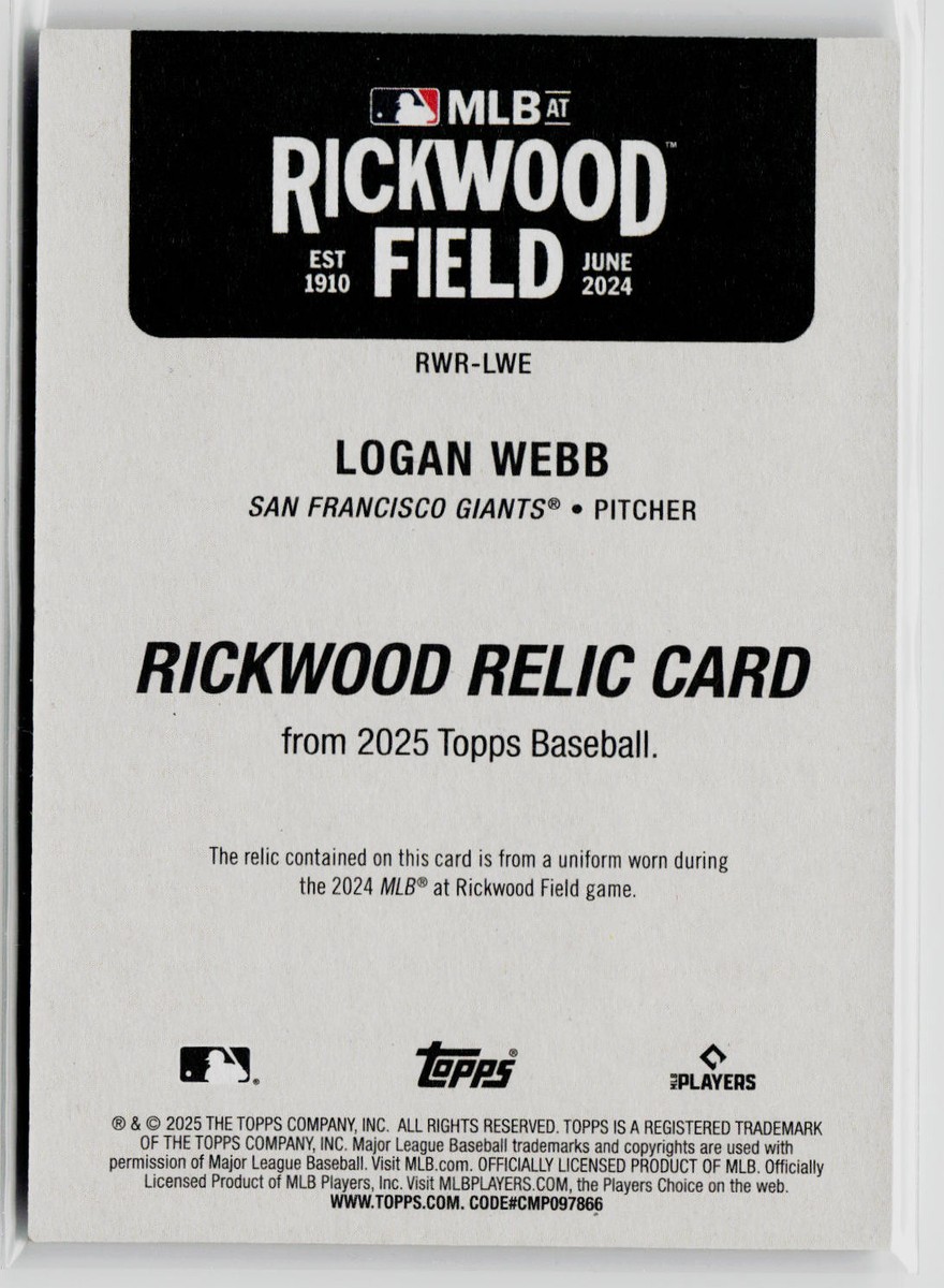 Topps　LOGAN　WEBB 25シリ Logan Webb 2025 Topps #RWR-LWE Rickwood Relics San Francisco