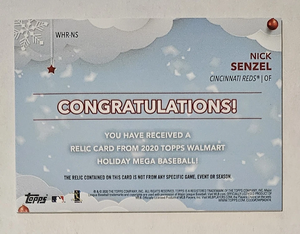 NICK SENZEL 2020 Topps Holiday - Walmart Mega Box Relics #WHR-NS Reds - Image 2 of 3
