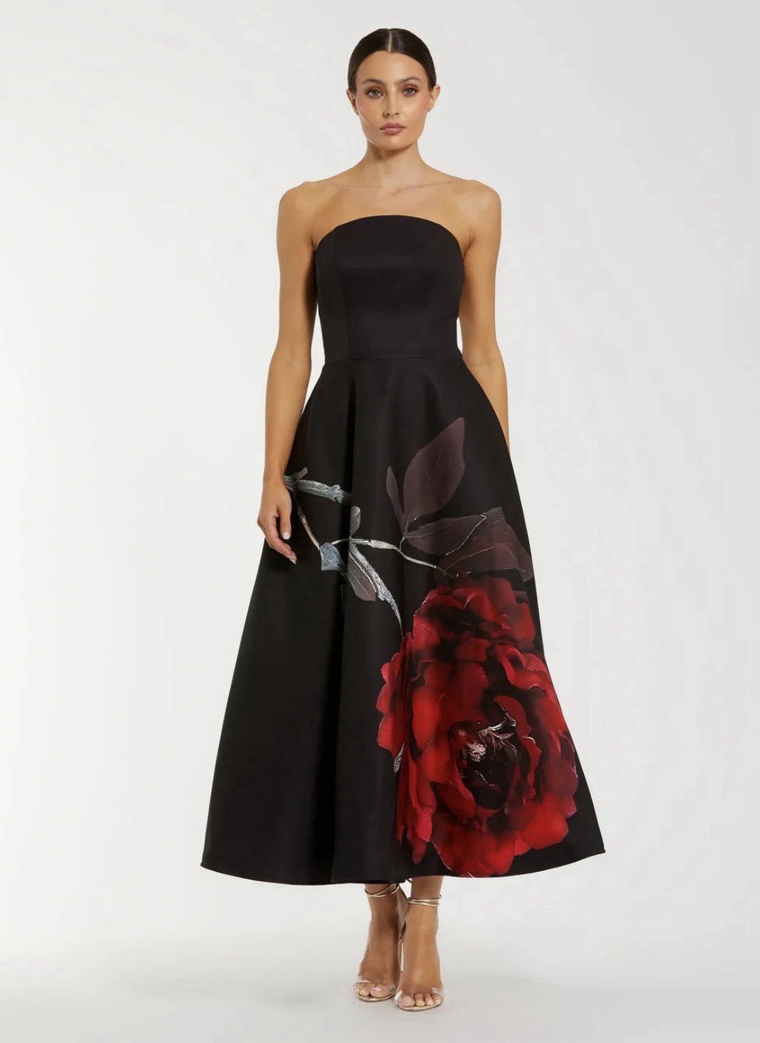 Mac Duggal 21152 Sz 14 Black Rose Floral Strapless Satin A-line Anthro Gown $498