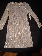 Eliza J Silver Sequin Long Sleeve Knee Length Shift Dress Women’s Size 6