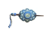 Spirit of Nature Hair  Stick Clip Seed Beads- stone in center- blues silver
