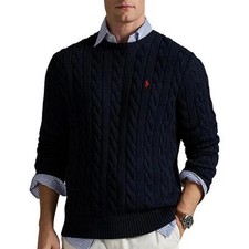 Polo Ralph Lauren Mens 2XLT Navy Blue Cable Knit Cotton Crewneck Sweater NWT