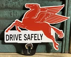 VINTAGE MOBILOIL MOBILGAS PEGASUS 10” PORCELAIN DRIVE SAFELY OIL GAS SIGN