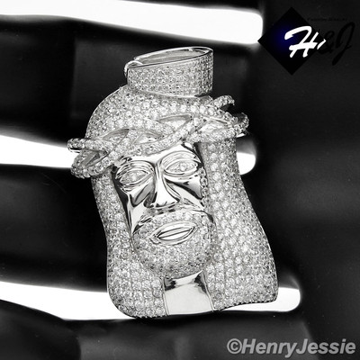 REAL 925 STERLING SILVER ICY BLING CUBIC ZIRCONIA 3D JESUS FACE PENDANT ...