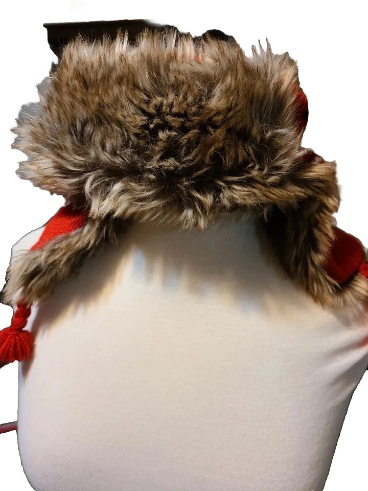 Baby Gap Knit Fleece Red & Navy Faux Fur Winter Hat Size M/L - Image 3 of 4