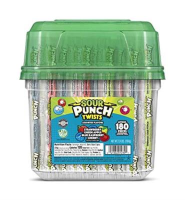 Sour Punch Twists, 6'' Individually Wrapped Soft & Chewy Candy Tub, 4 Fruit 