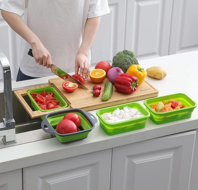 Cutting Board Bamboo With 3 Silicone Containers, For Kitchen Easy Meal Prep Kit 