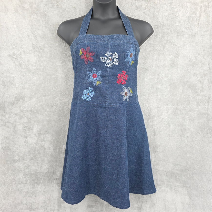 Avon Vintage Denim Halter Dress 12 Blue Colorful Embroidered Florals Y2K  Retro