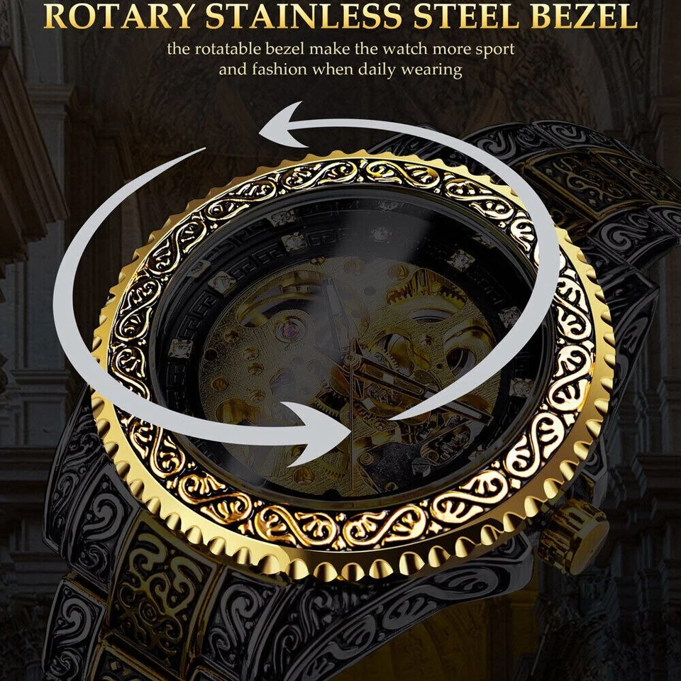 Relógio de pulso masculino de luxo esqueleto esculpido em diamante automático corda automática mecânico - Imagem 3 de 4