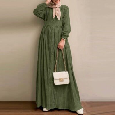Muslim Women Dress Long Sleeved Plain Color Arab Casual Loose Shirt Dress  S-5XL