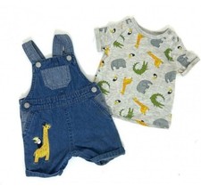 Baby Boys Safari Animals Denim Short Summer  Dungarees & Top Outfit  0-24 Mths