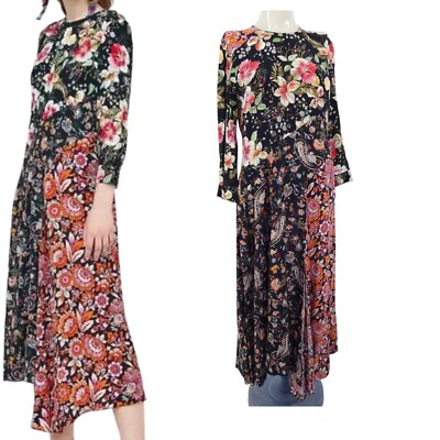 Zara Blumen Paisley Kleid Patchwork Bohemian ausgefallen asymmetrisch Midi Gr. S