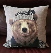 Netherlands Winter Bear In Beany & Sweater Throw Pillow 15"X15"