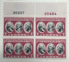 Scott #703, 2c Yorktown, Plate block/4, Top position, #s20507(B)/20484(R), HR