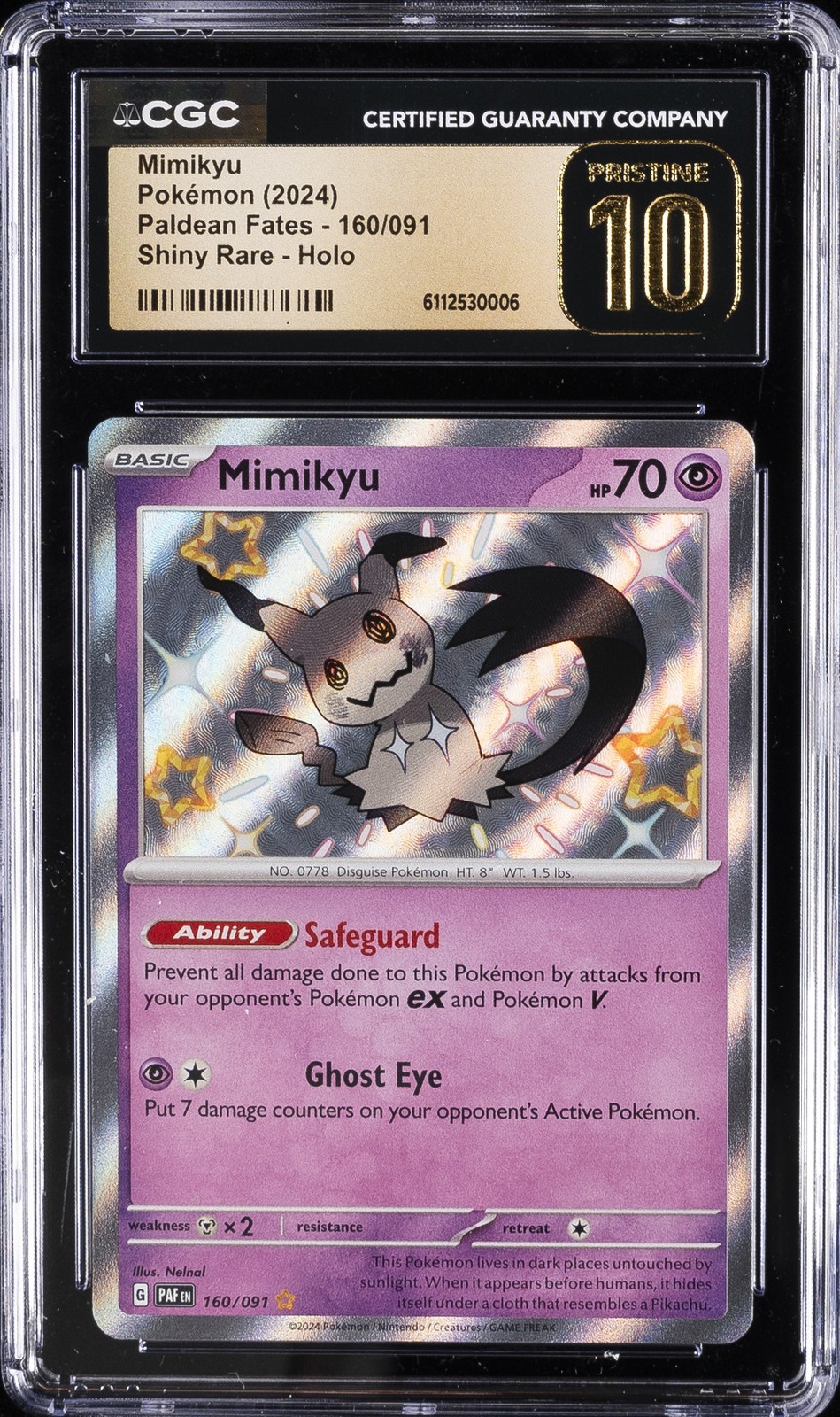 2024 POKÉMON PALDEAN FATES SHINY RARE HOLO #160 MIMIKYU CGC 10 PRISTINE