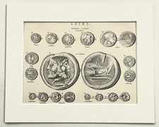 ROMAN COINS - 1880s Antique B&W Mounted Print