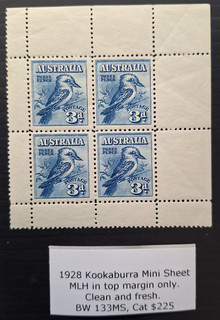 1928 Australia Blk 4x3d Blue Philatelic Exhibn Kookaburra Minisheet P11 Mint$225
