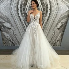 Boho A Line Tulle Wedding Dress With V Neck Bridal Gown Beach Bridal Gown