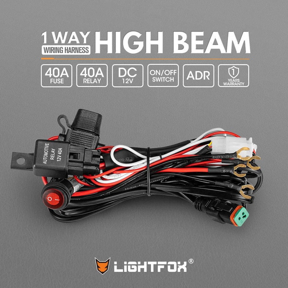 Lightfox 1 Way High Beam Wiring Harness w/ DT 2-Pin Connector For LED Light Bar
