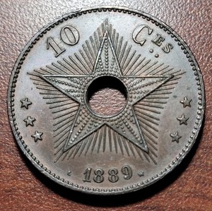 Belgian Congo 1889 10 Centimes KM 4 Brown UNC BU Copper African Coin Colonial