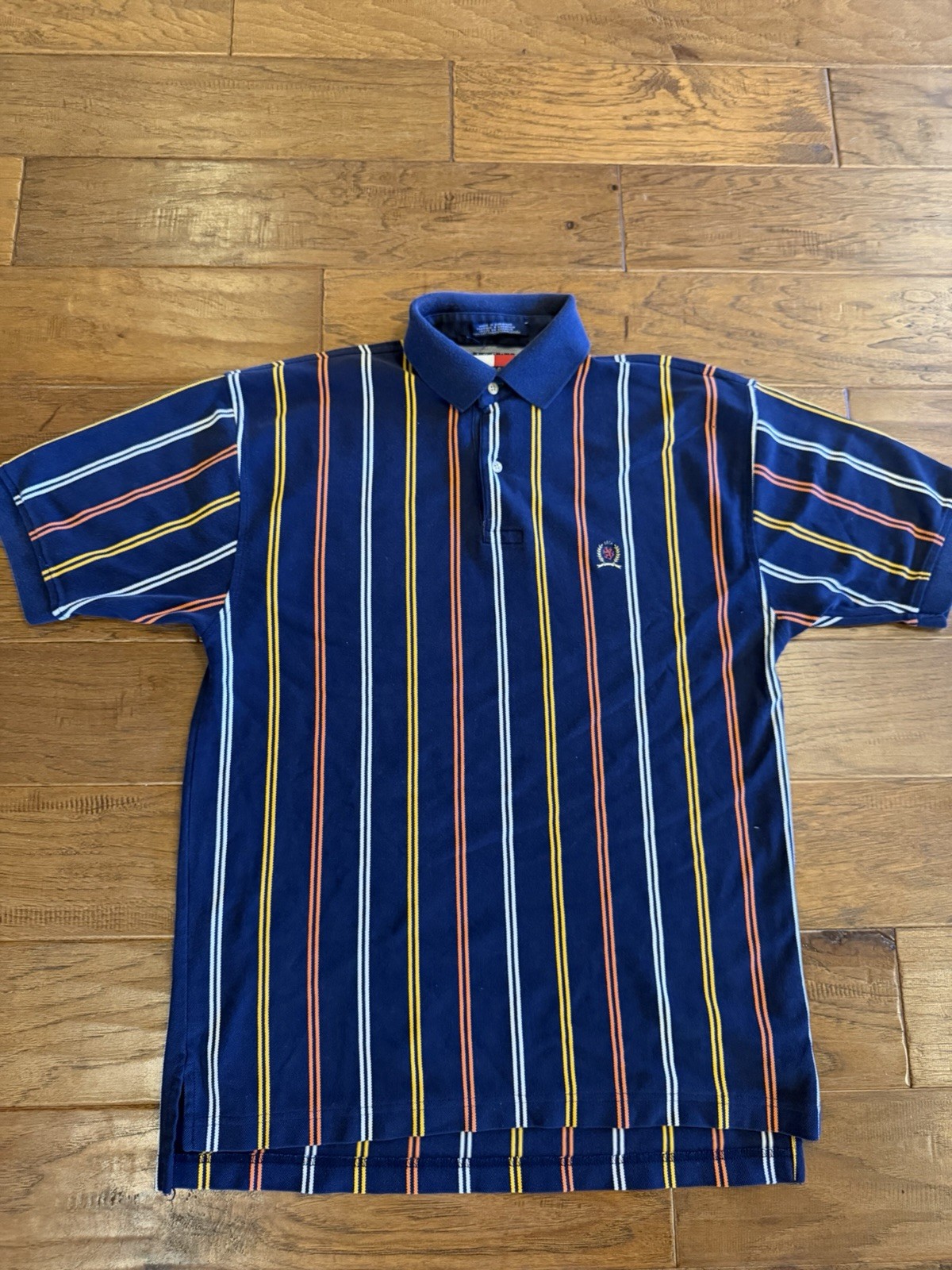 Vintage Tommy Hilfiger Polo Shirt Mens Medium Blue Striped Preppy Y2K Rugby