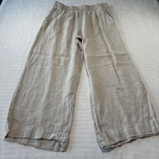 Tahari Essentials 100 Linen Wide Leg Cropped Pants Tan Beige Elastic Waist L